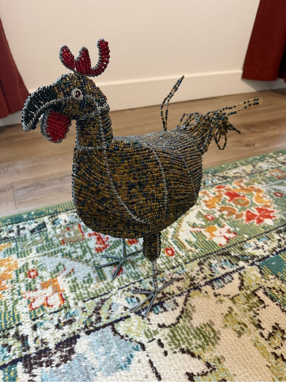 Large Folk Art Hand Beaded Rooster Chicken Display Art